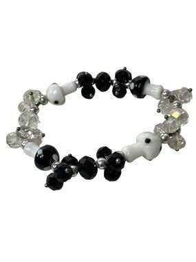 Mushroom Crystal Stretch Bracelet Black Clear Beaded Jewelry Handmade Cottage